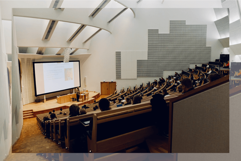 Wirtschaftsstudium. Großer Hörsaal voll mit Studienten.